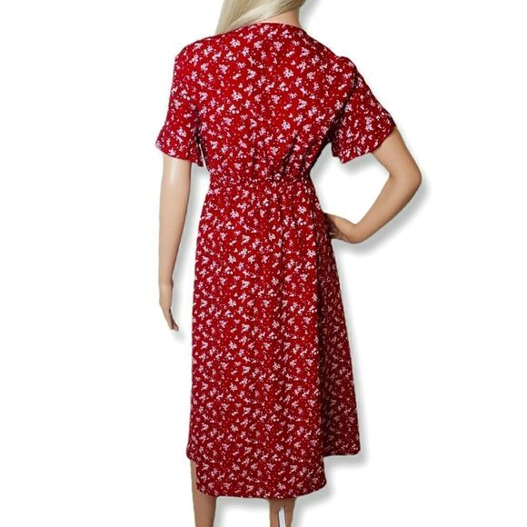 Red Floral Front-Tie Bow Ruffle Sleeved Dress - Picture 5 of 12